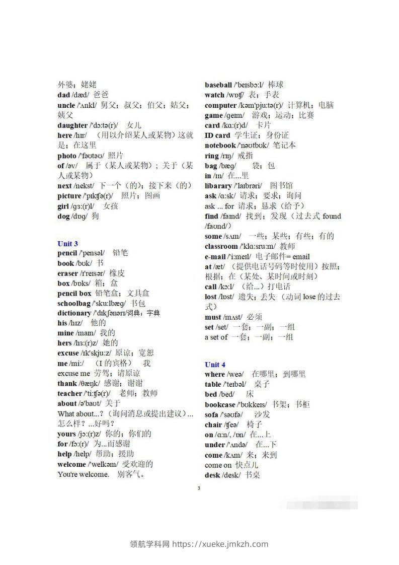 图片[3]-初一英语上册：全册《单词表》（分单元、带音标、词意）-领航学科网
