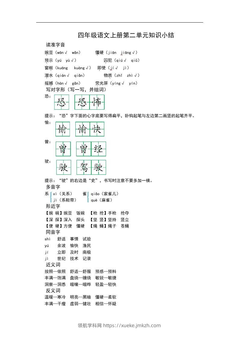 四（上）语文第二单元知识重点-领航学科网