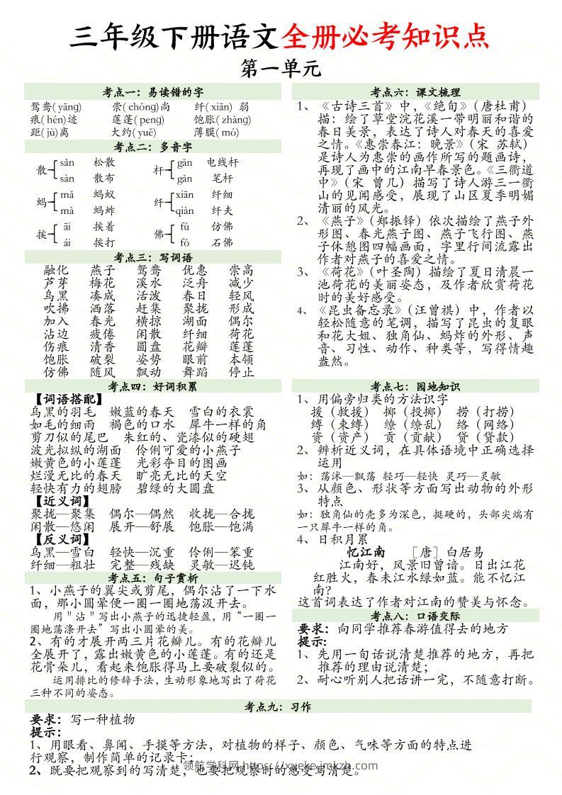 三下语文全册1-8单元必考知识点汇总（8页）-领航学科网
