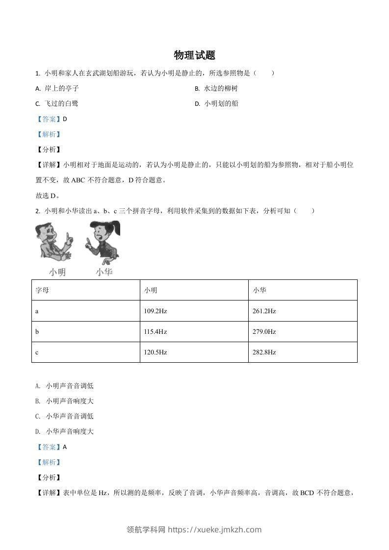 江苏省南京市2021年中考物理试题（含答案）-领航学科网