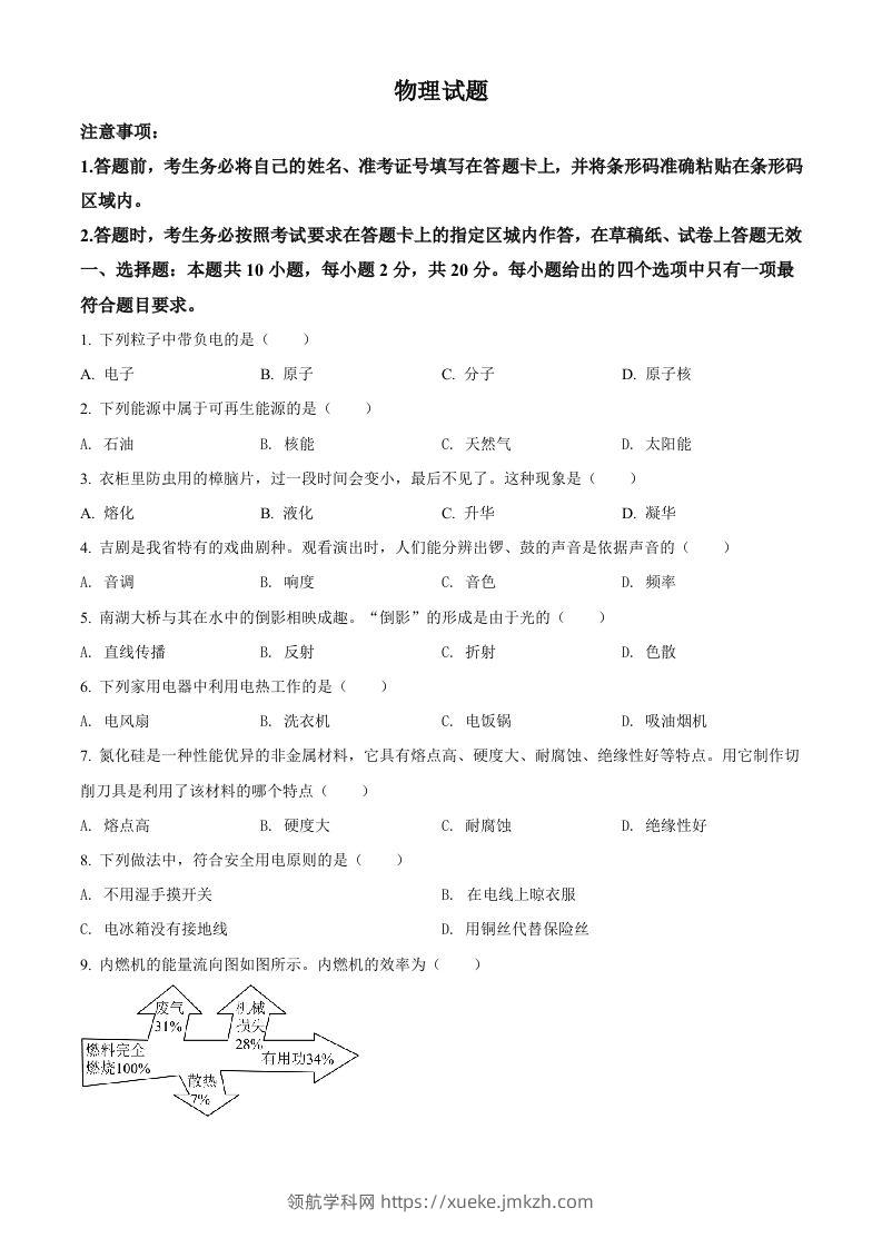 2022年吉林省长春市中考物理试题（空白卷）-领航学科网