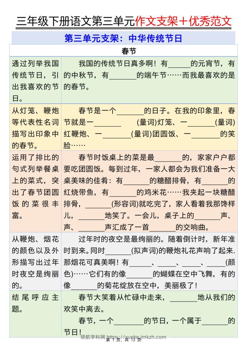 三下语文第三单元作文支架＋优秀范文13页-领航学科网