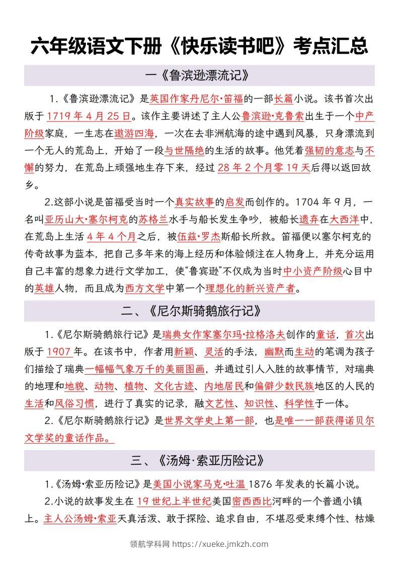 六年级语文下册考点汇总-领航学科网