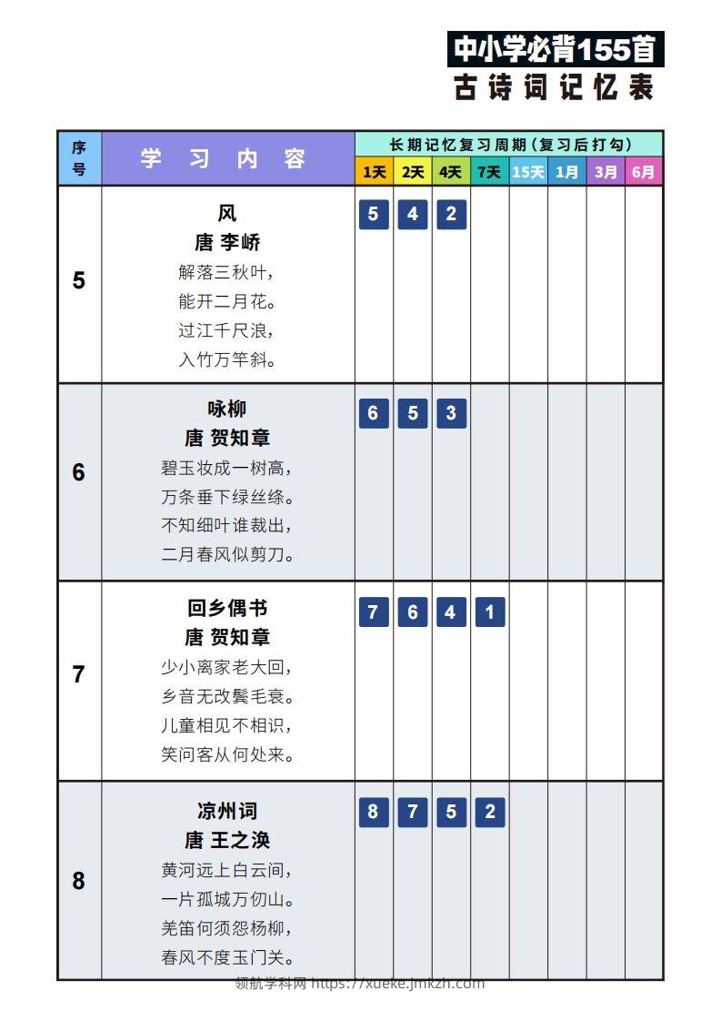 图片[2]-155首古诗词艾宾浩斯记忆表-领航学科网