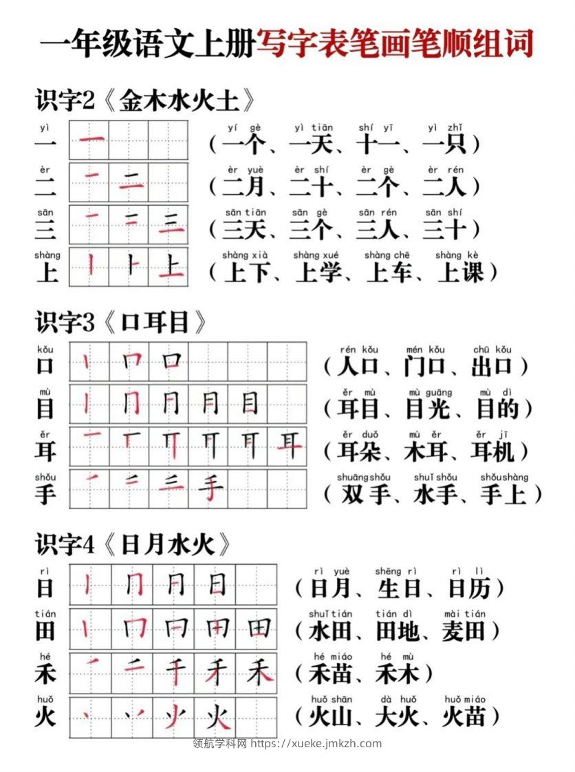 一年级语文上册写字表笔画笔顺组词-领航学科网