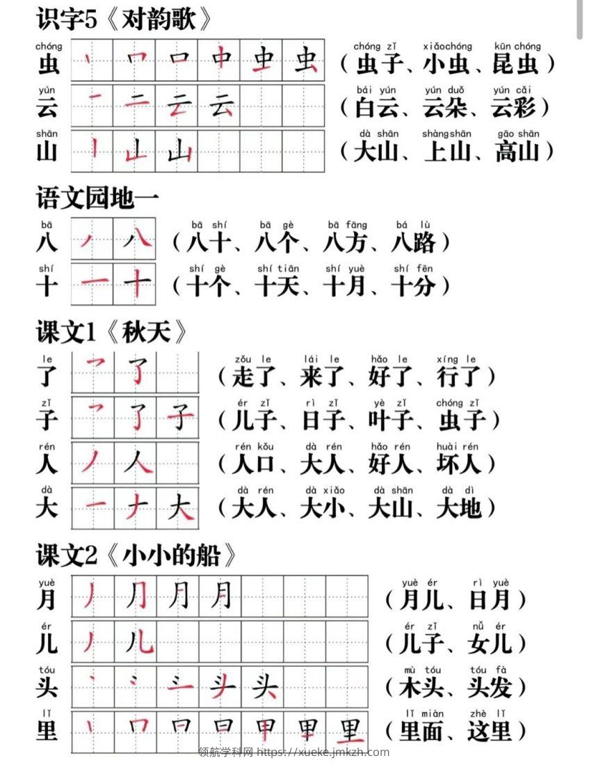 图片[2]-一年级语文上册写字表笔画笔顺组词-领航学科网
