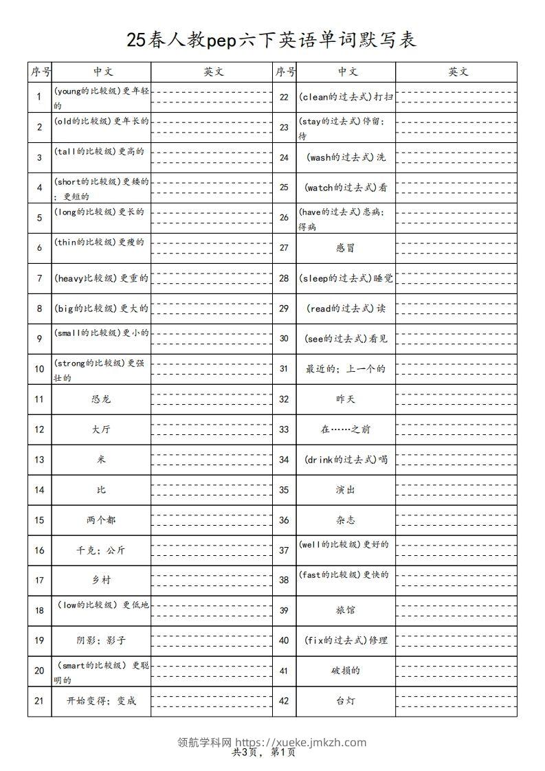 【默写】25春人教pep六下英语单词默写表（3页）-领航学科网