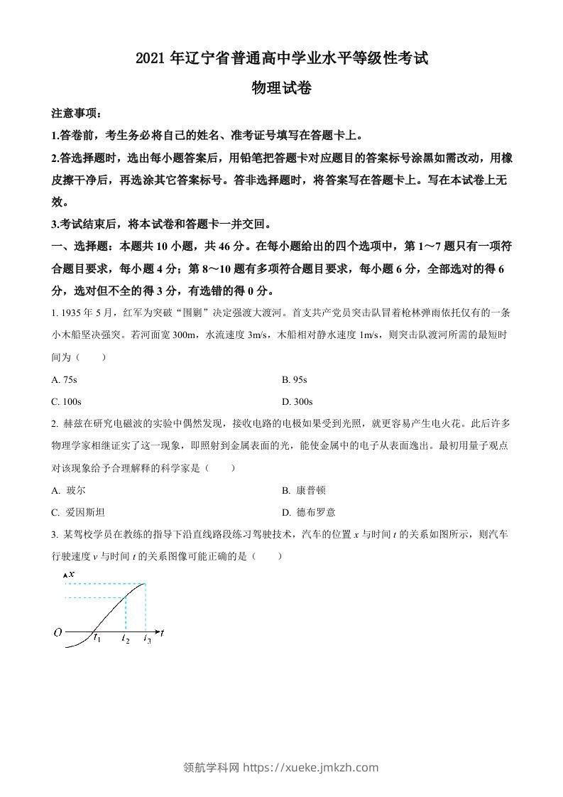 2021年高考物理试卷（辽宁）（空白卷）-领航学科网