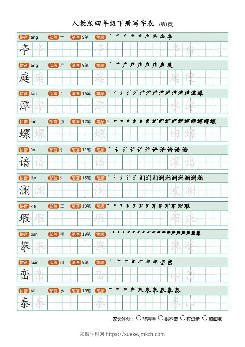四年级语文下册写字表（20页）PDF（部编版）-领航学科网
