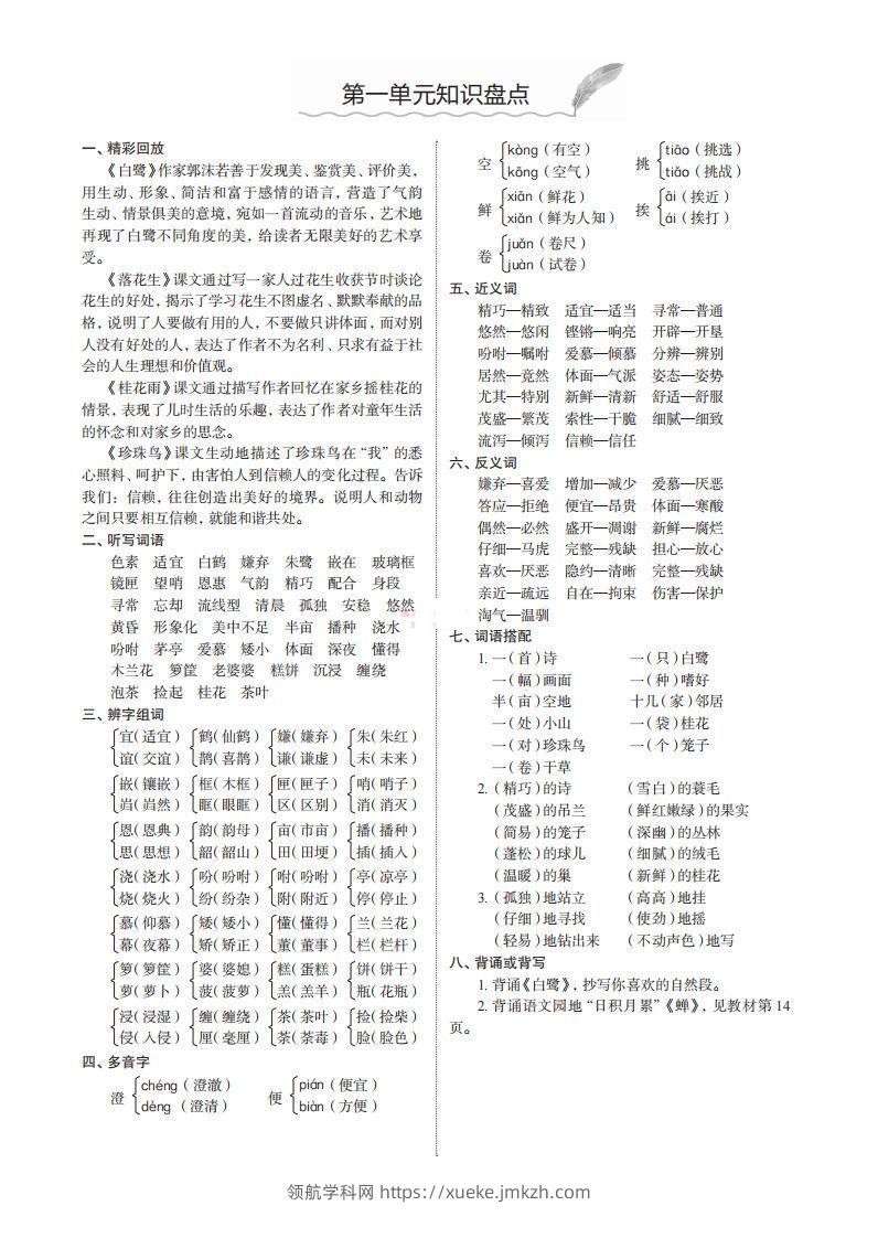 五上语文期末1-8单元知识盘点-领航学科网