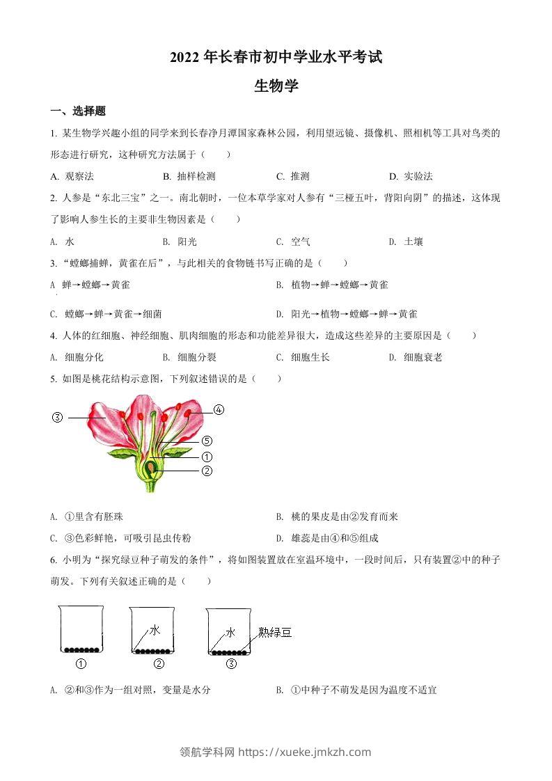 2022年吉林省长春市中考生物真题（空白卷）-领航学科网