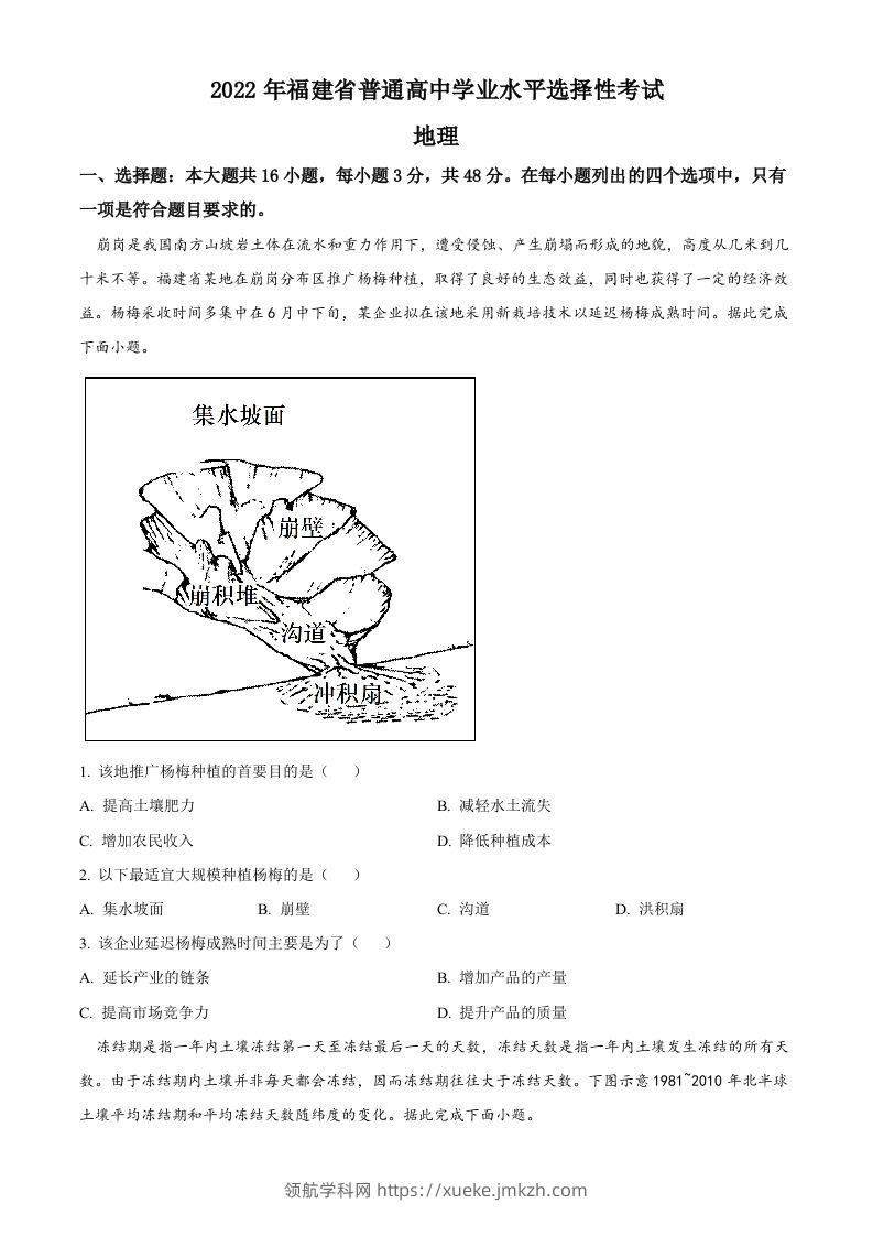 2022年高考地理试卷（福建）（空白卷）-领航学科网