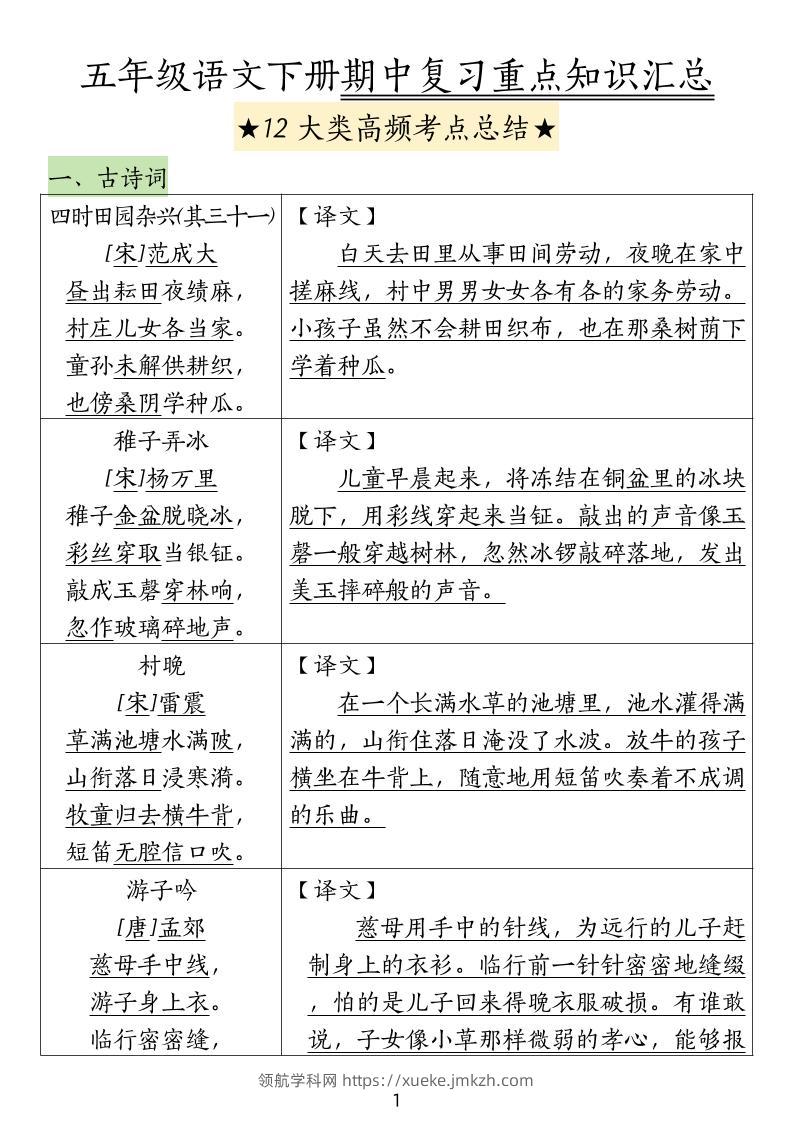 五下语文期中高频考点总结-领航学科网