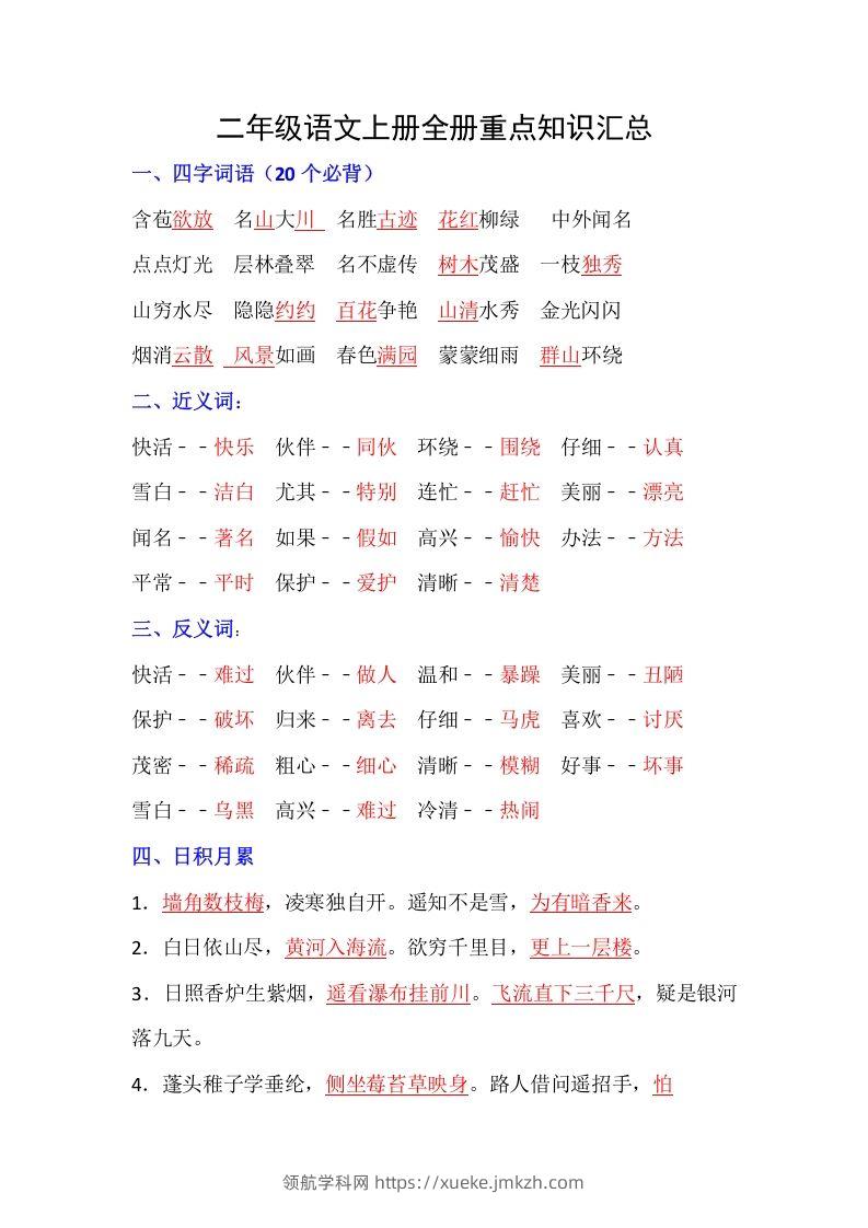 【全册重点知识汇总】二上语文-领航学科网