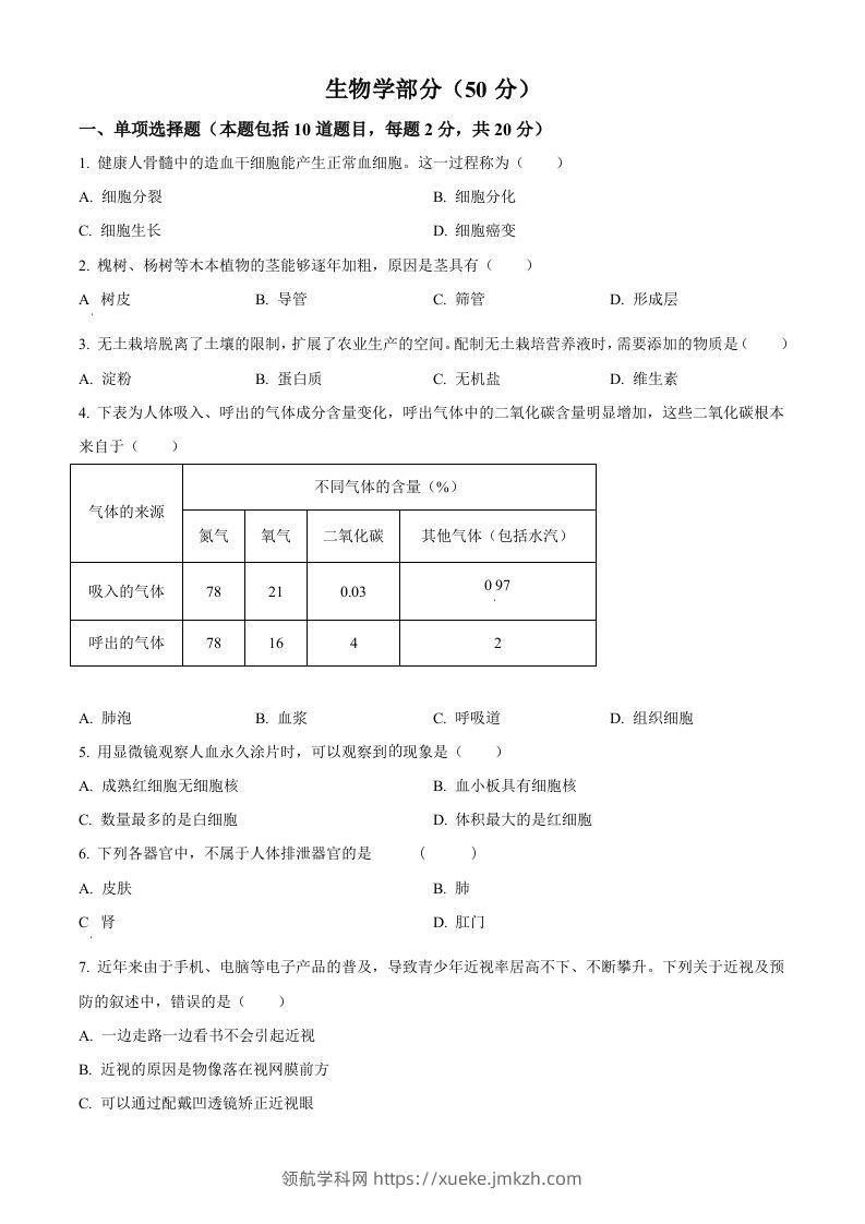 2024年甘肃省天水市中考生物试题（空白卷）-领航学科网