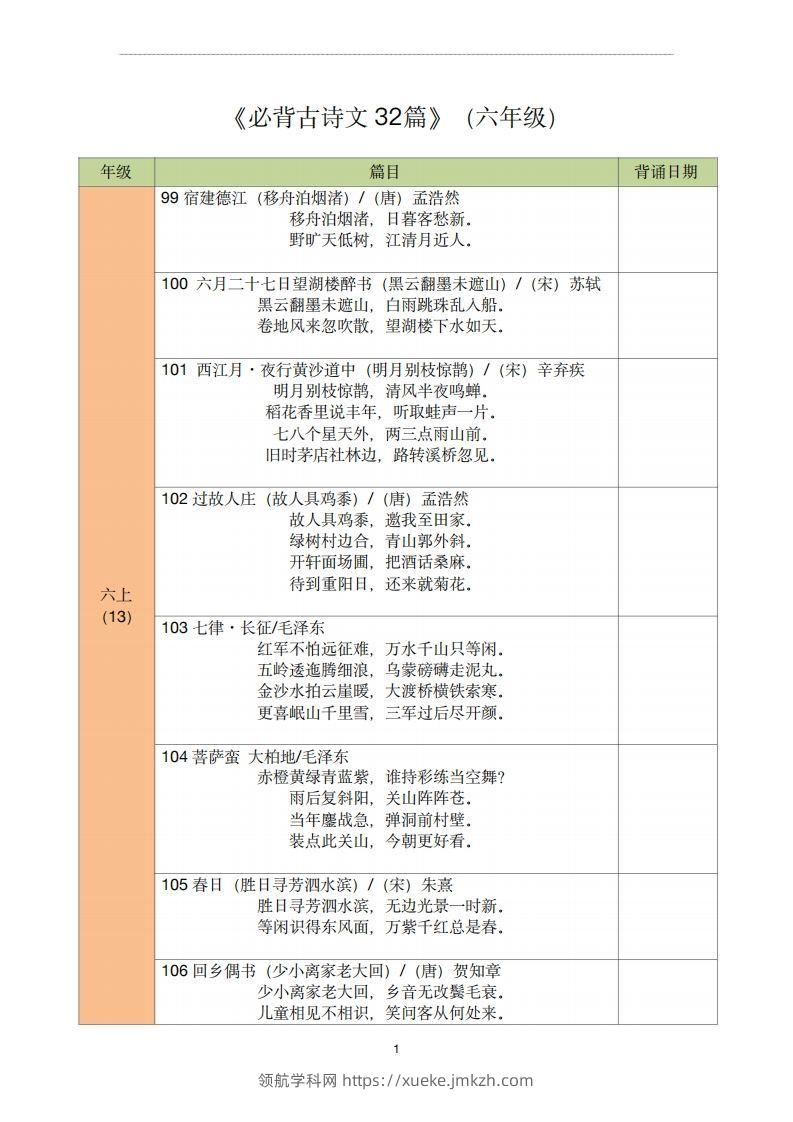 【古诗文背诵记录表】六年级语文-领航学科网