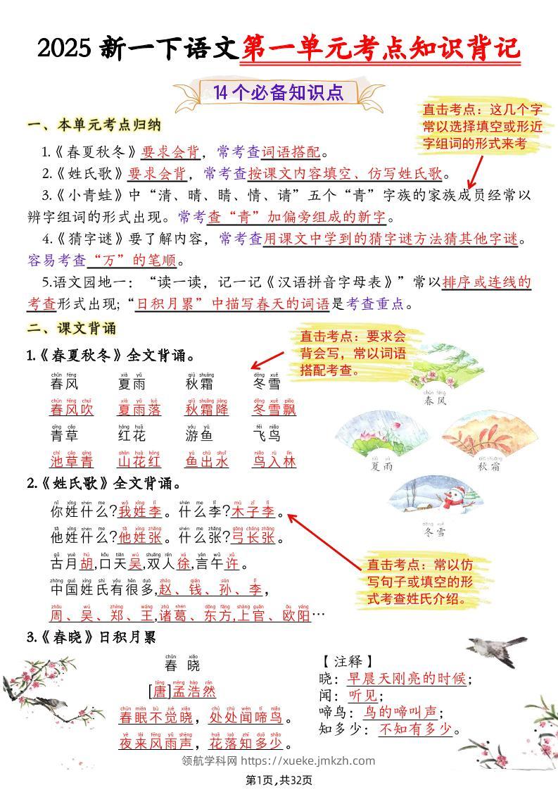 新一下语文1-8单元考点知识背记（32页）-领航学科网