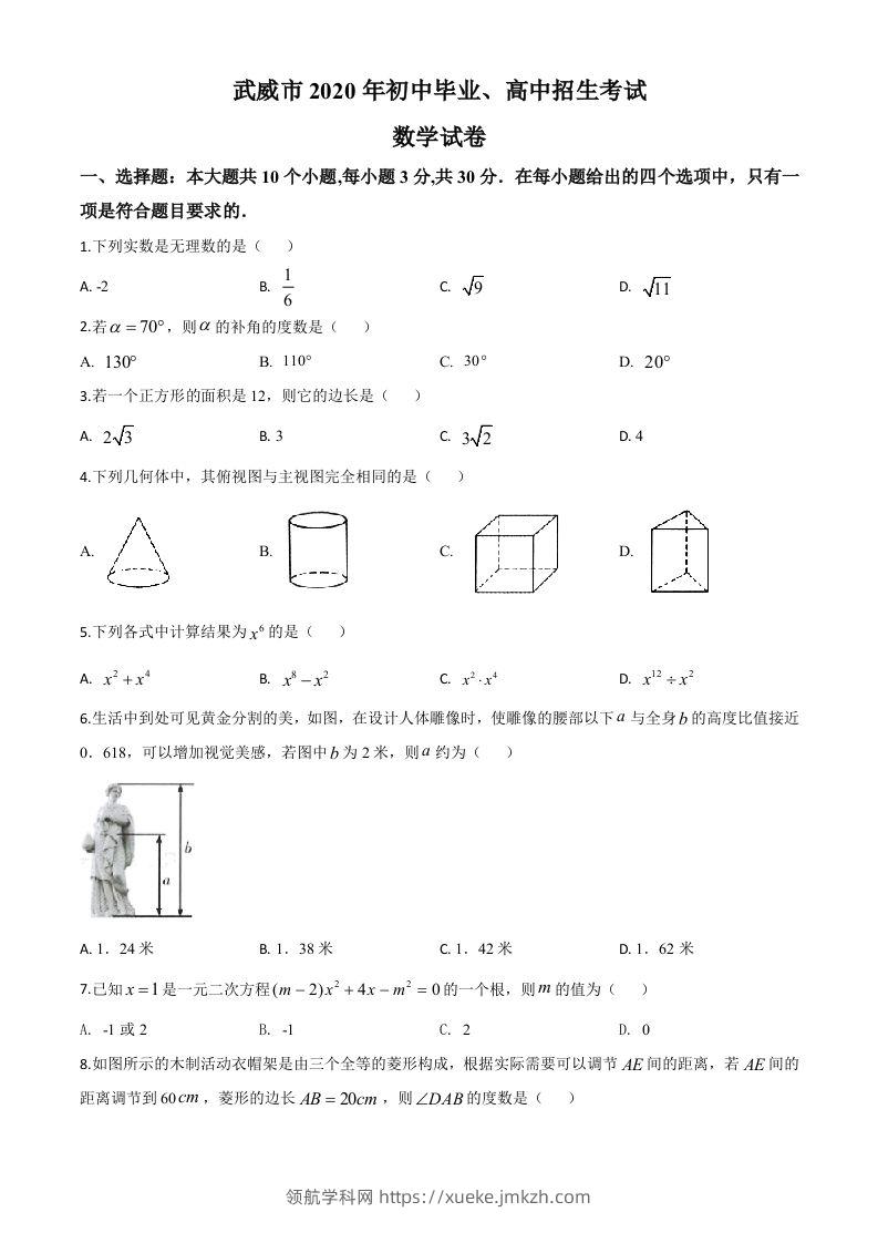 甘肃省武威市2020年中考数学试题（空白卷）-领航学科网