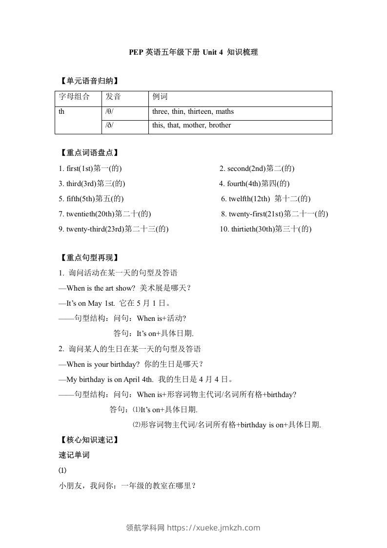 五年级英语下册单元知识梳理-Unit4Whenistheartshow（人教PEP版）-领航学科网