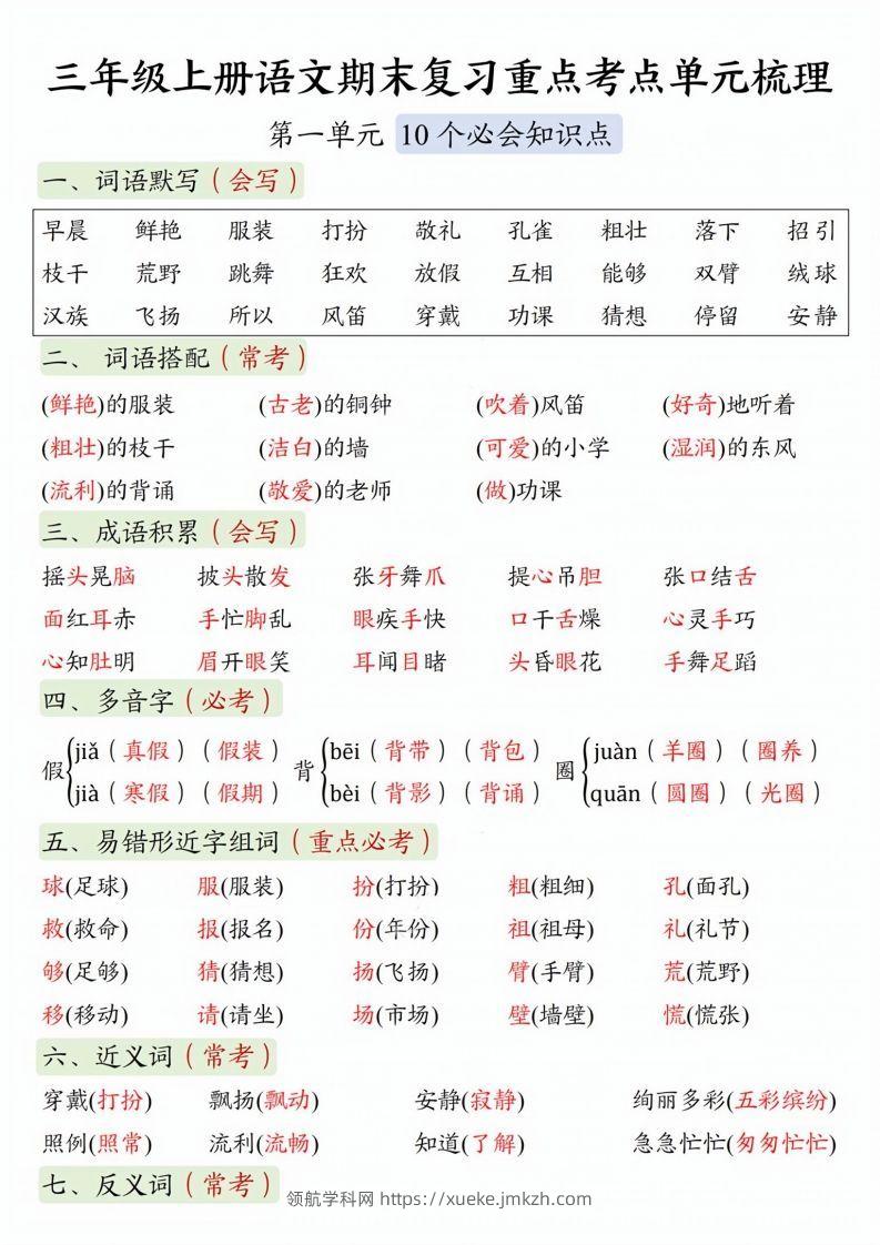 【期末复习1-8单元重点考点单元梳理】三上语文-领航学科网