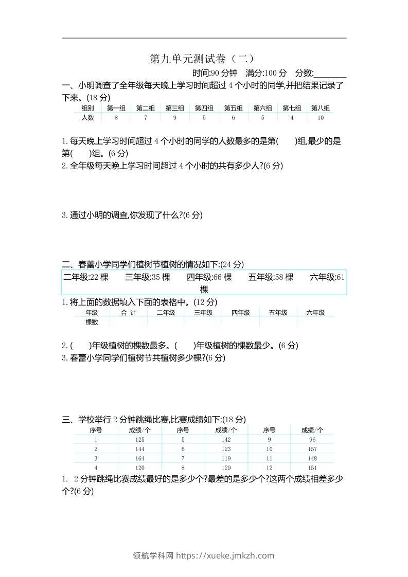 三下苏教版数学第九单元检测卷-2-领航学科网