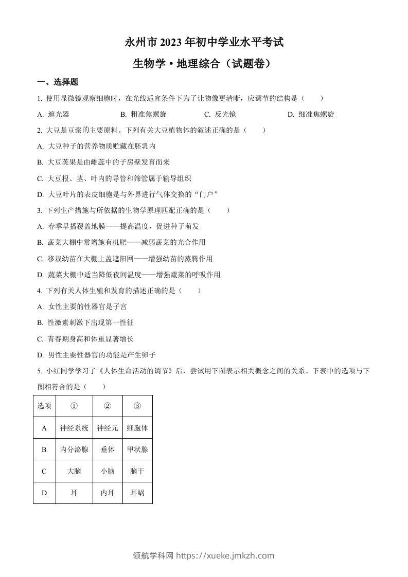 2023年湖南省永州市中考生物真题（空白卷）-领航学科网