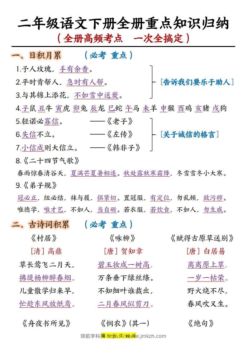 二年级语文下册全册重点知识归纳（10页）-领航学科网