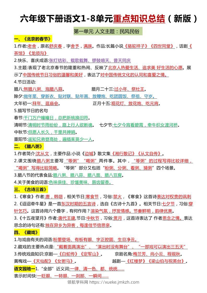 六年级下语文1-8单元常考知识点总结-领航学科网