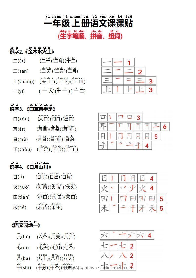 24秋新版一上语文课课贴（生字笔顺、拼音、组词）-领航学科网