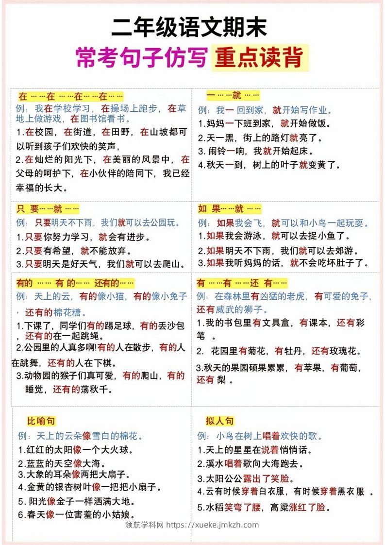 二年级上册语文期末句子仿写-领航学科网