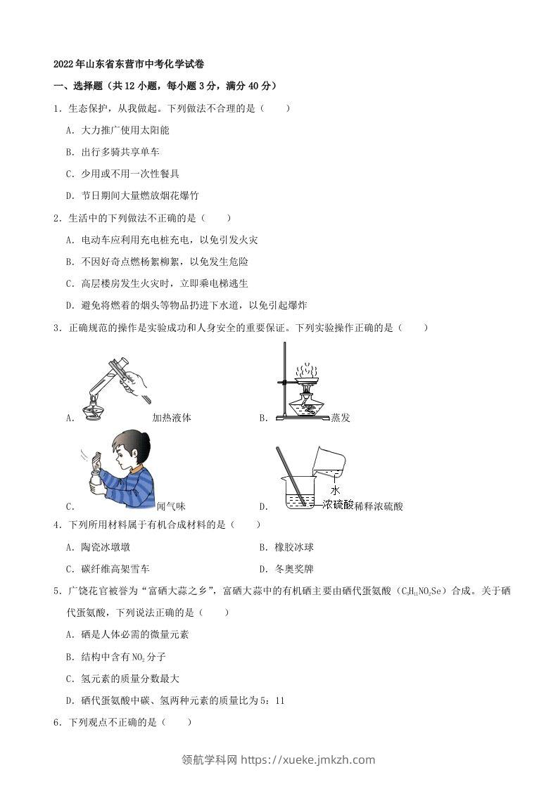 2022年山东省东营市中考化学真题及答案-领航学科网