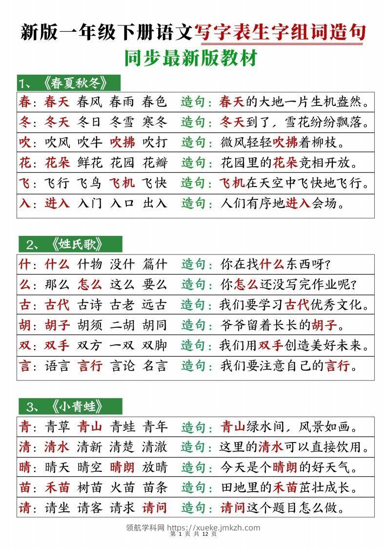 2472【25春新一下语文写字表生字组词造句12页-领航学科网
