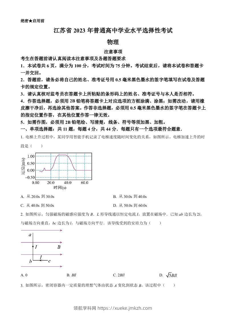2023年高考物理试卷（江苏）（空白卷）-领航学科网