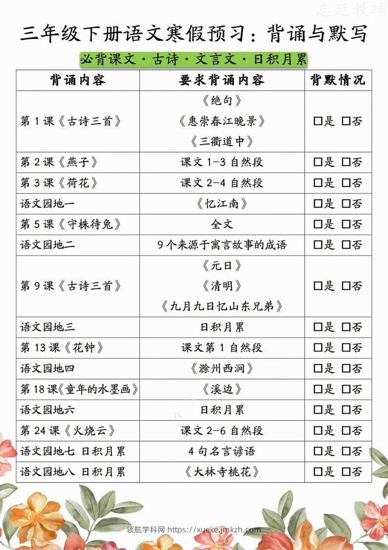 三下语文寒假预习：背诵与默写-领航学科网