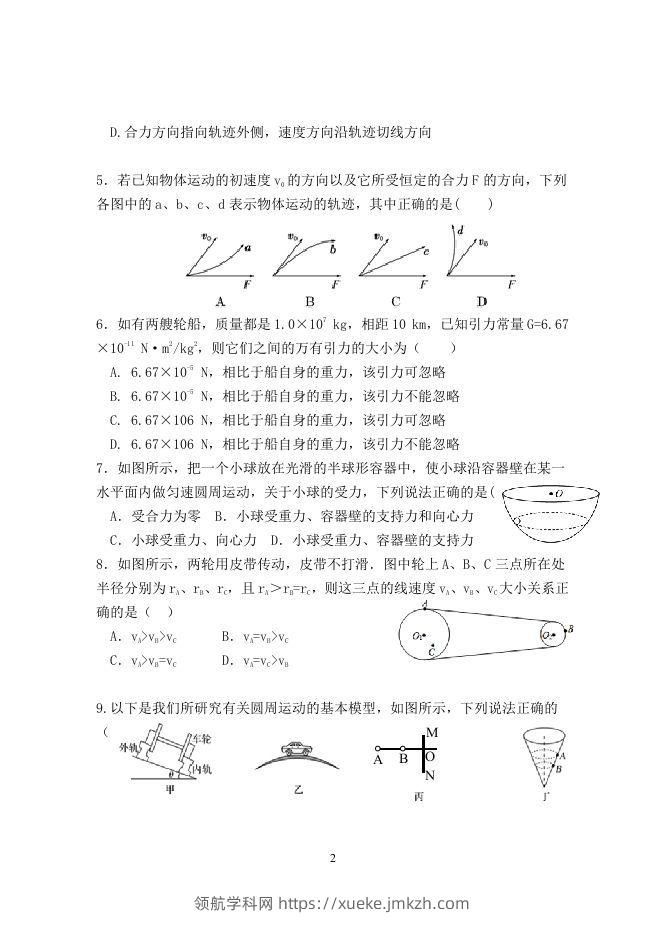 图片[2]-2020-2021年北京市延庆区高一物理下学期期中试卷及答案(Word版)-领航学科网