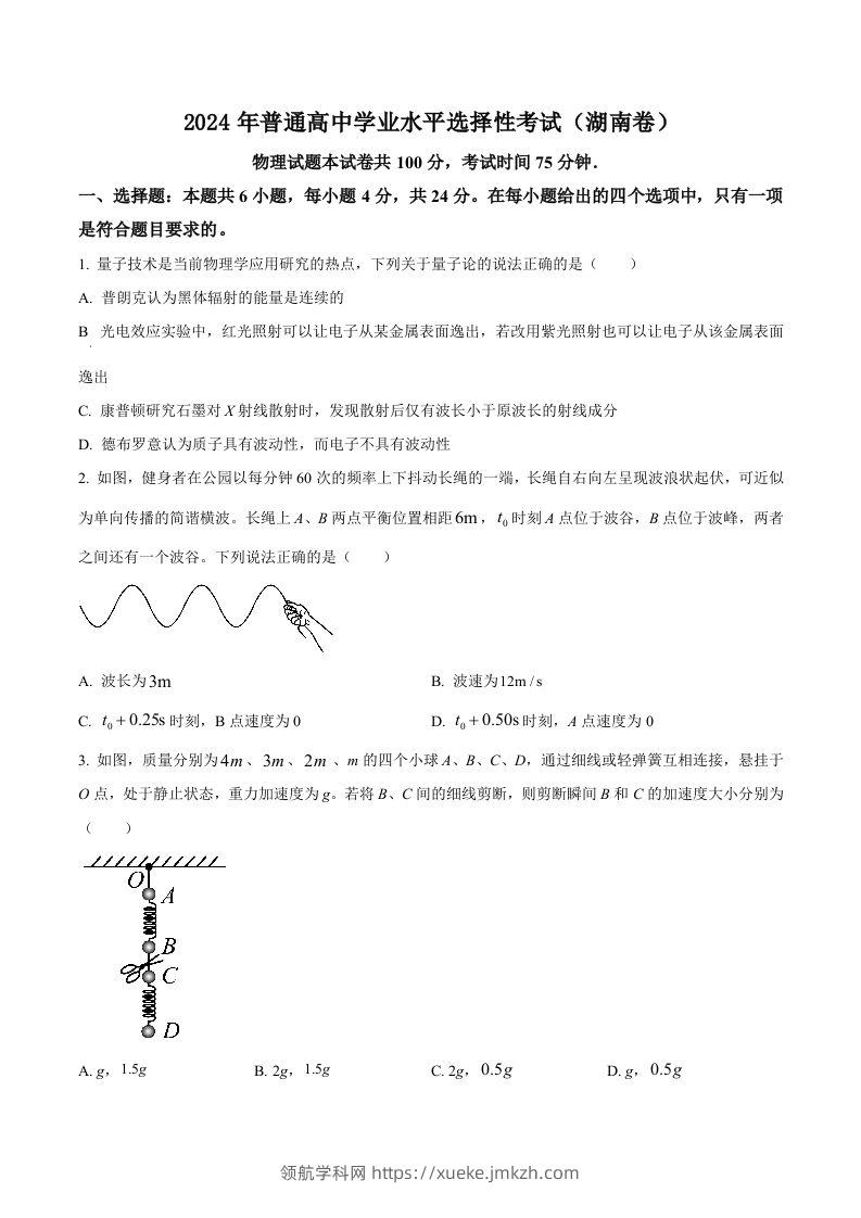 2024年高考物理试卷（湖南）（空白卷）-领航学科网