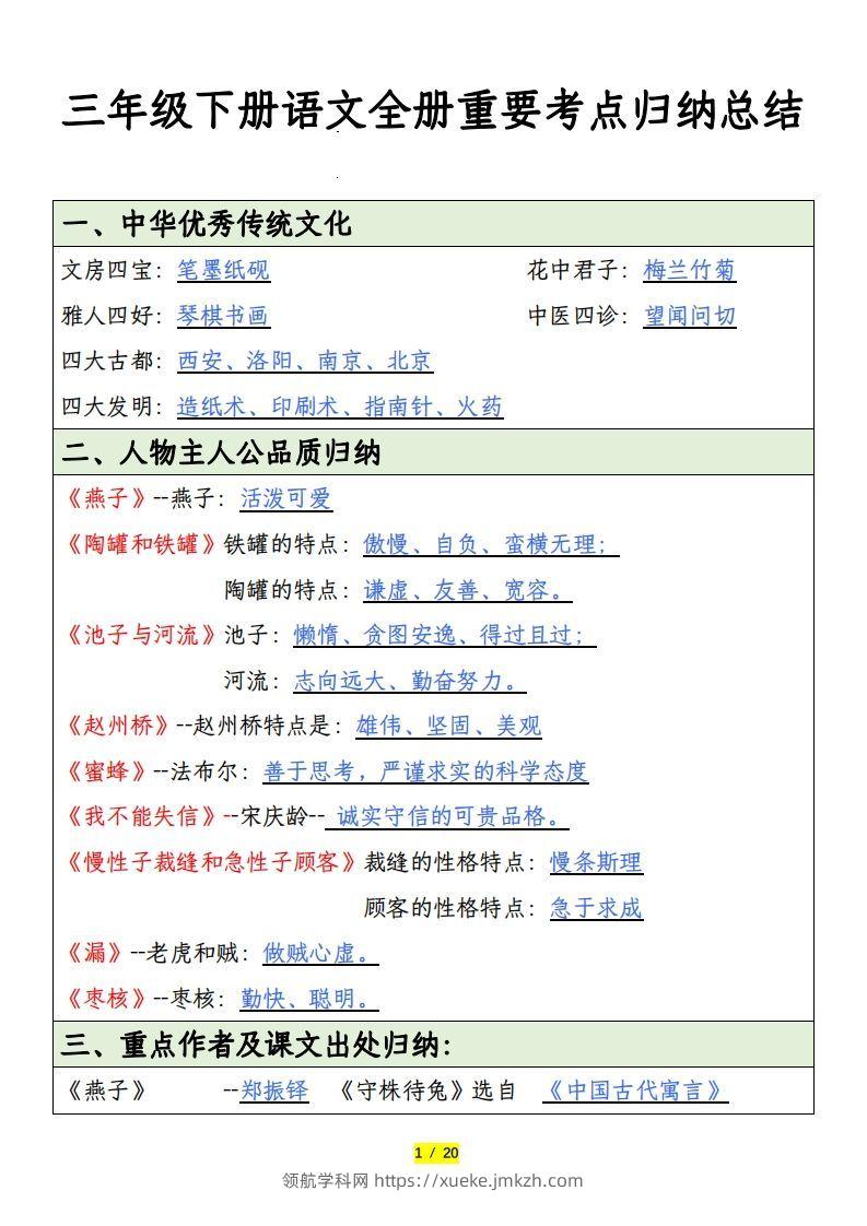 三下语文全册重要考点归纳总结-领航学科网