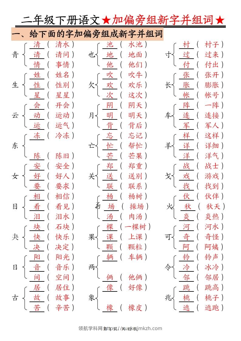 二下语文【加偏旁部首组新字并组词】专项练习（含答案12页）-领航学科网