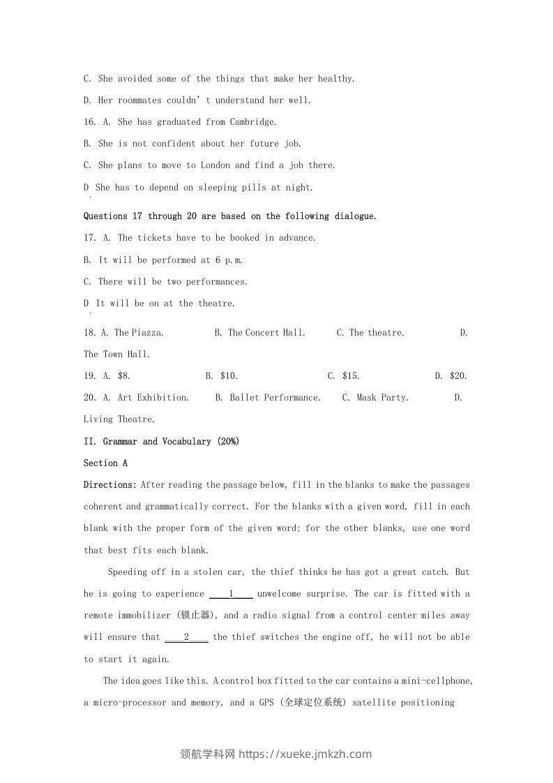 图片[3]-2021-2022学年上海市金山区高三上学期期中英语试题及答案(Word版)-领航学科网