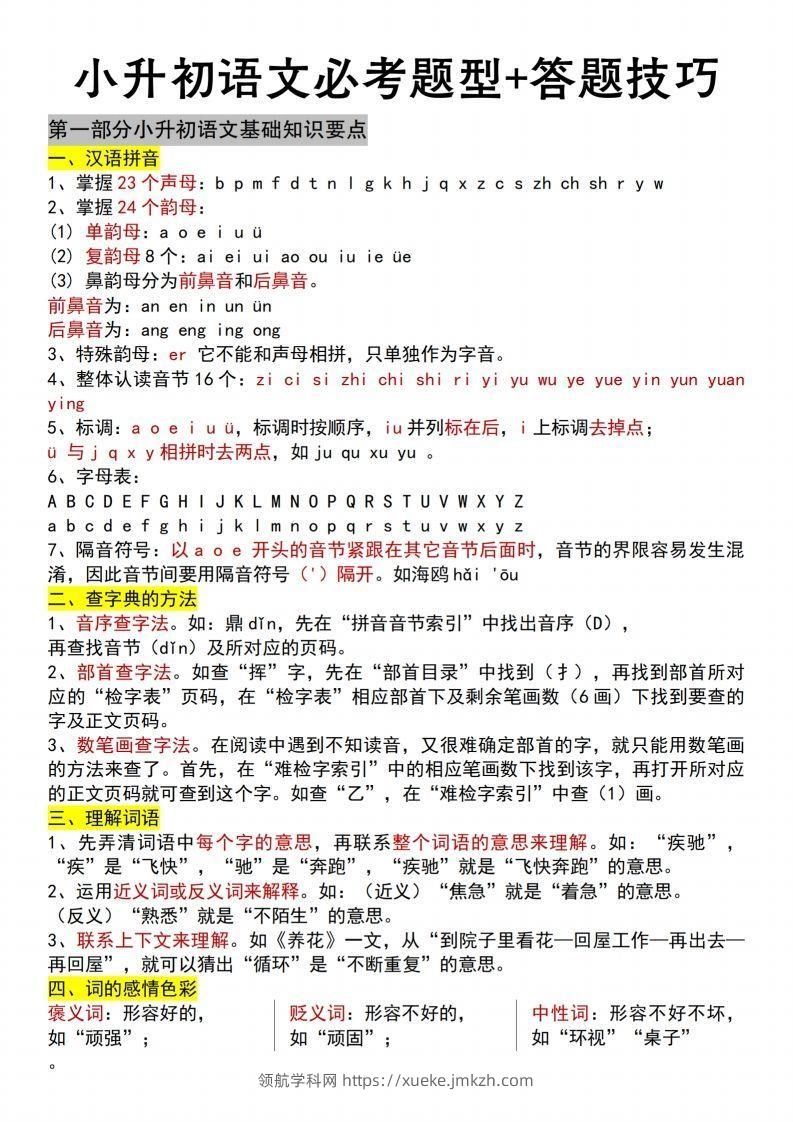 【语文】小升初语文必考题型+答题技巧-领航学科网