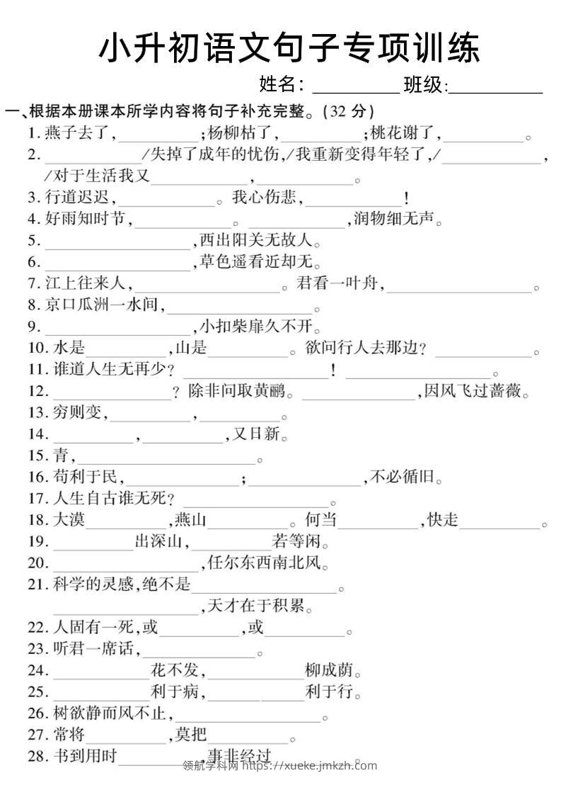 六下小升初语文句子专项训练-领航学科网