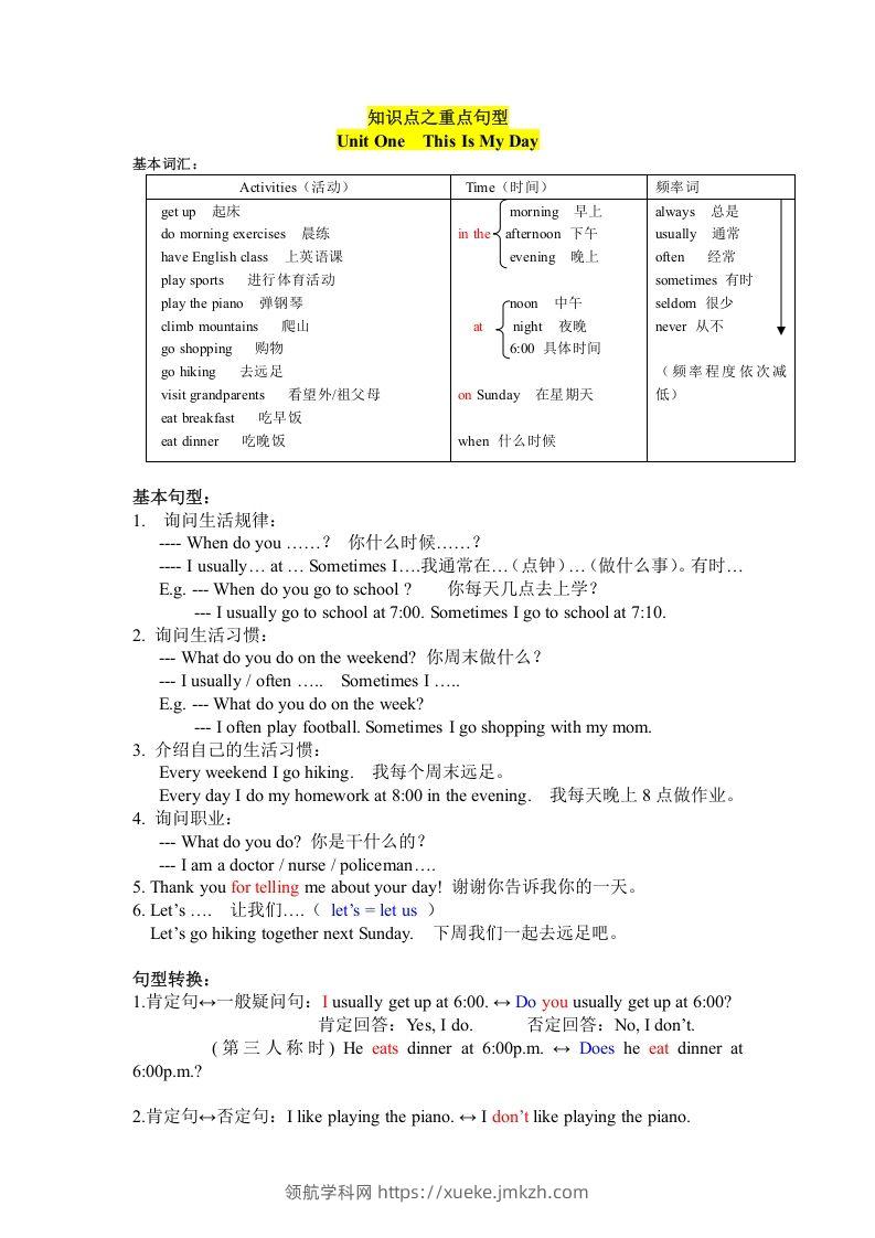 五年级英语下册知识点之重点句型（人教PEP版）-领航学科网
