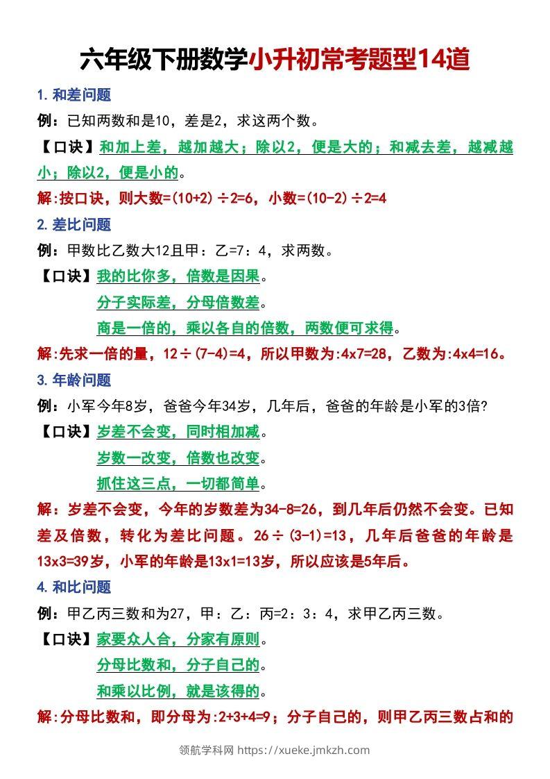 六年级下册数学小升初常考题型14道-领航学科网