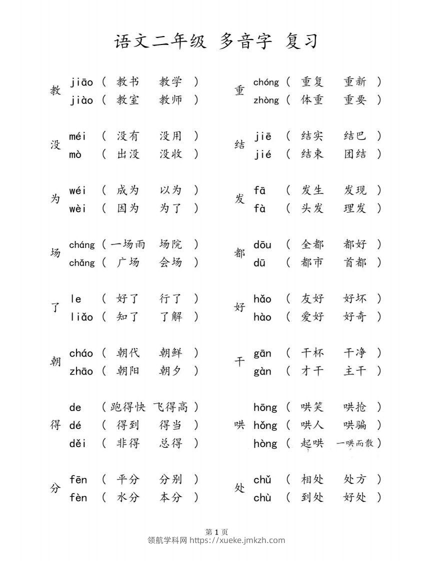 二下语文【多音字汇总归纳】-领航学科网