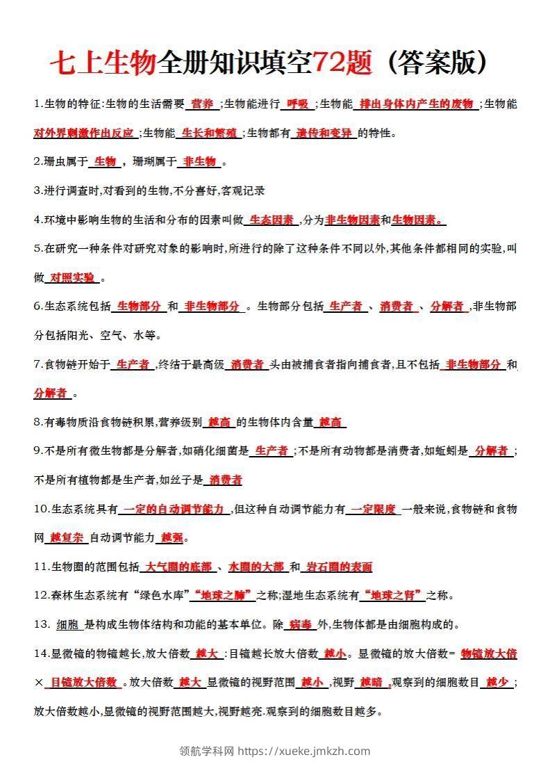 七上生物全册知识点填空72题（答案）-领航学科网