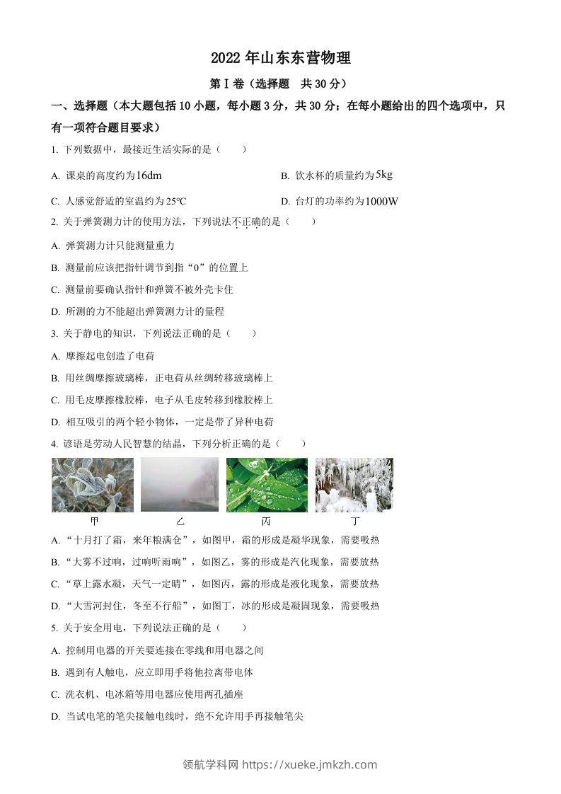 2022年山东省东营市中考物理试题（空白卷）-领航学科网