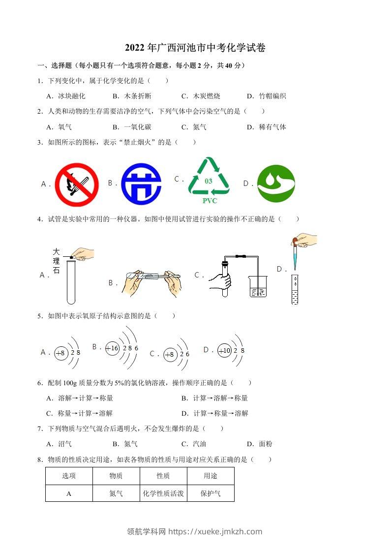 2022年广西河池市中考化学真题-领航学科网