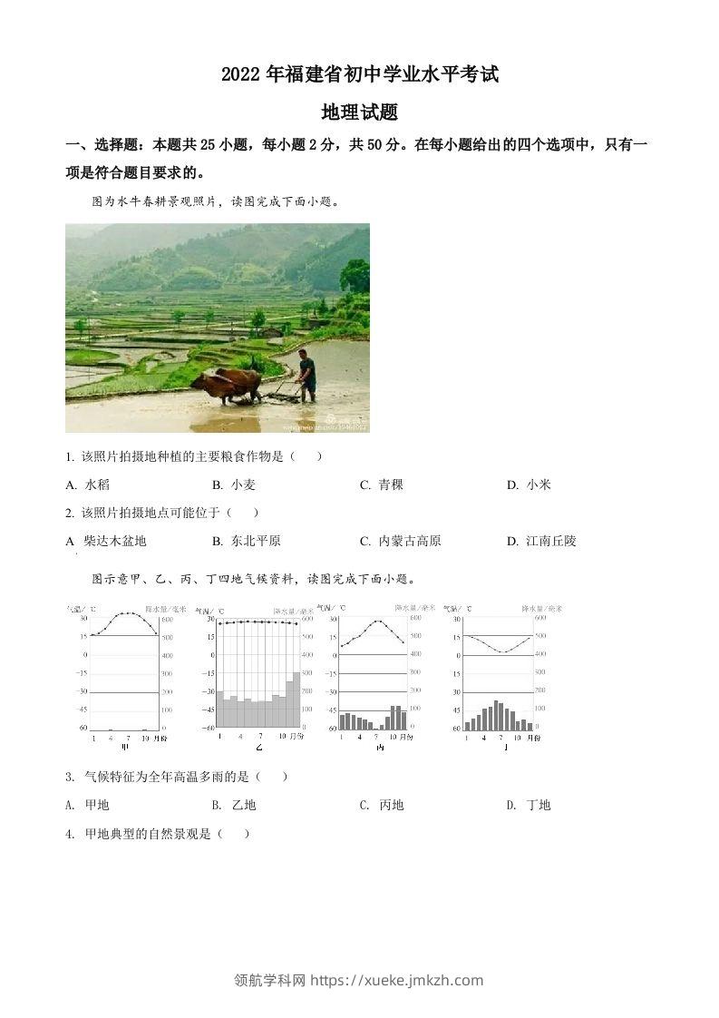 2022年福建省中考地理真题（空白卷）-领航学科网