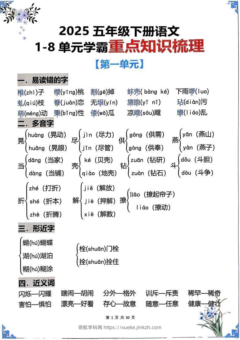 【知识点】五下语文1-8单元学霸重点知识梳理30页-领航学科网