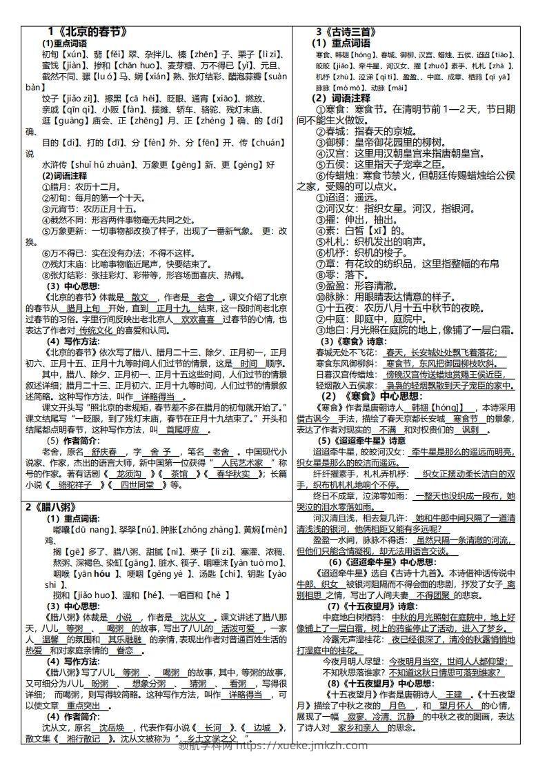 六下语文课课贴（每课重点）6页-领航学科网